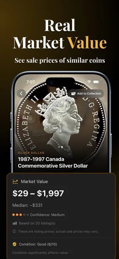 Coinara result screen showing an identified coin and its value range