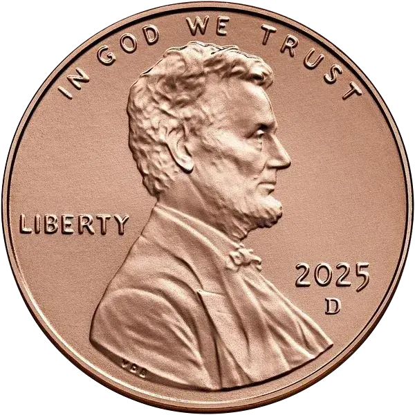 Obverse of a 2025-D Lincoln cent marked where collectors check it: date and mint mark, LIBERTY and motto, cheek and jaw, and color and surface