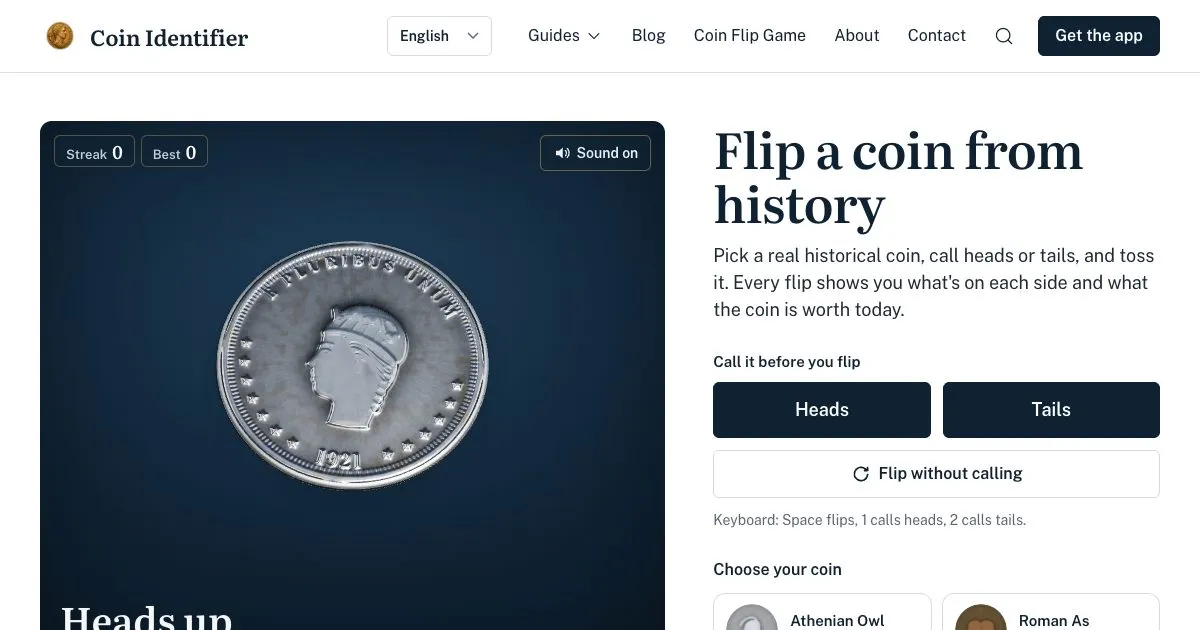 3D coin toss game showing a historical coin mid-flip