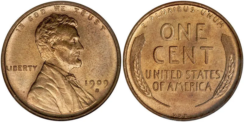Reverse view of 1909-S V.D.B. Wheat Penny showing mintmark and initials