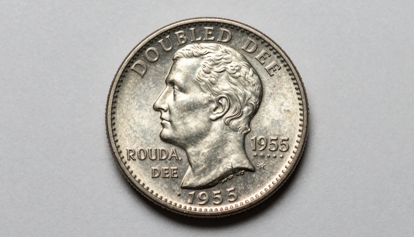 1955 Doubled Die Wheat Penny reverse close-up with design elements visible on a neutral surface