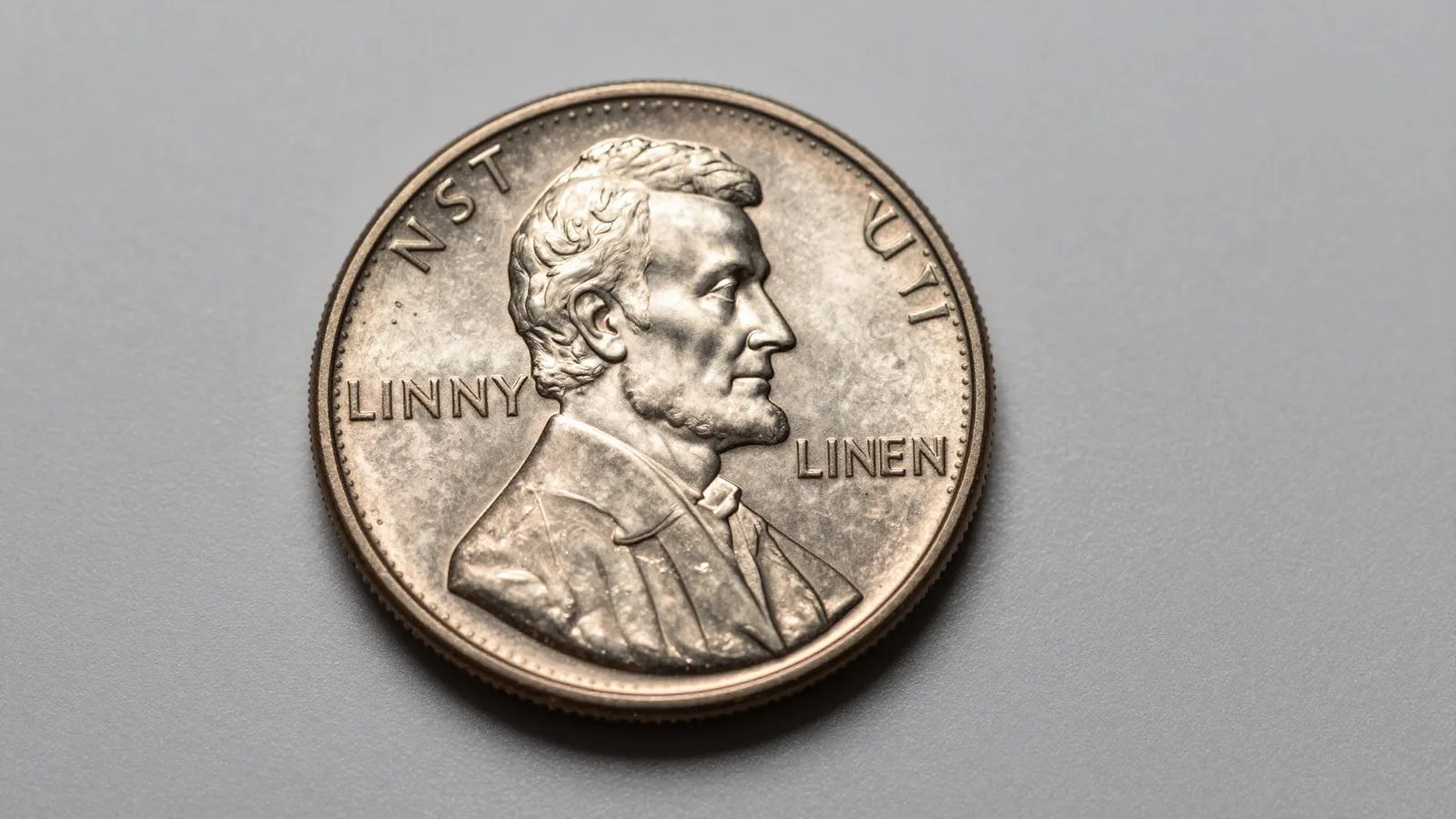 Close-up macro photograph of a modern US Mint error coin showing a dramatic off-center strike on neutral studio surface