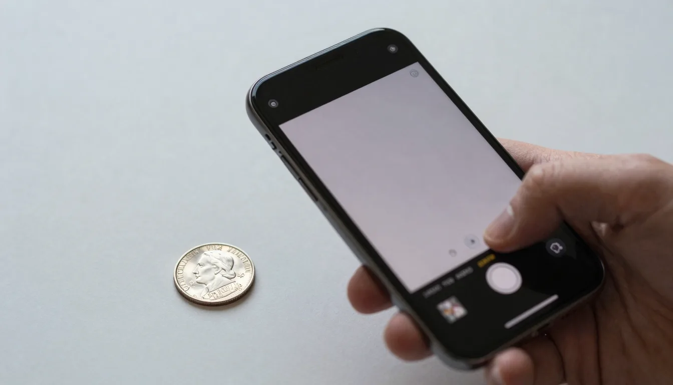 Hand holding a smartphone photographing a US silver coin on neutral studio surface for instant identification