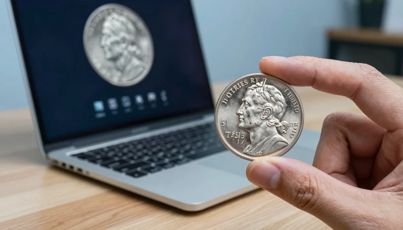 Laptop on desk showing a coin identifier interface with a hand holding a US silver coin in front of the screen