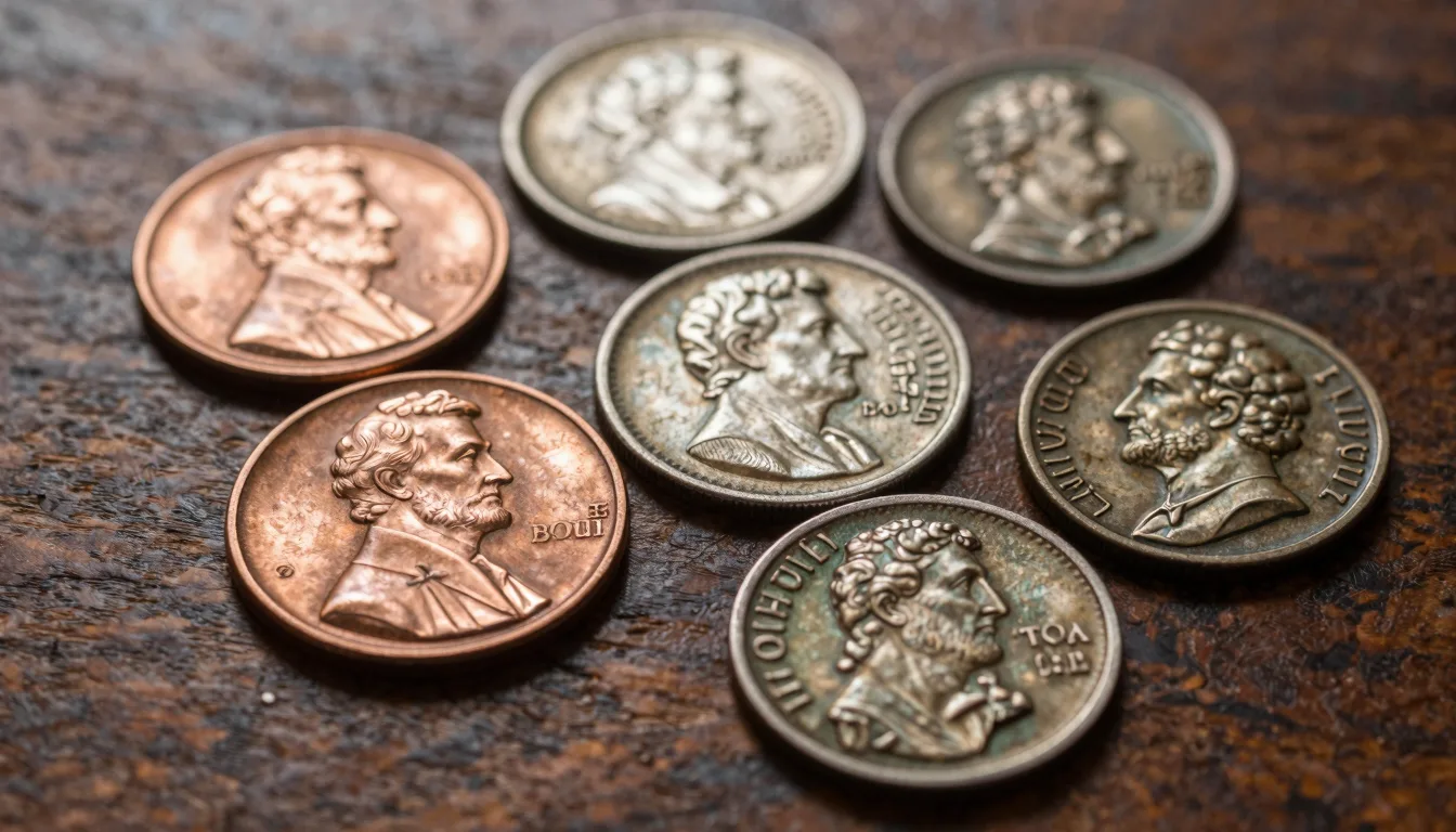 Antique copper and silver coins with patina spread on dark wood surface for old coin identification