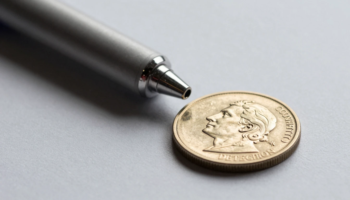 A handheld counterfeit detection tool analyzing a toonie.