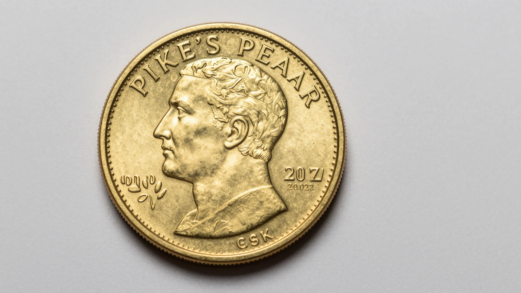 Pike's Peak Gold token with mountain imagery and gold toning