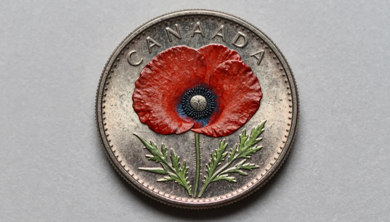 Macro photograph of a Canadian colored circulation coin showing a vivid red poppy on a quarter reverse