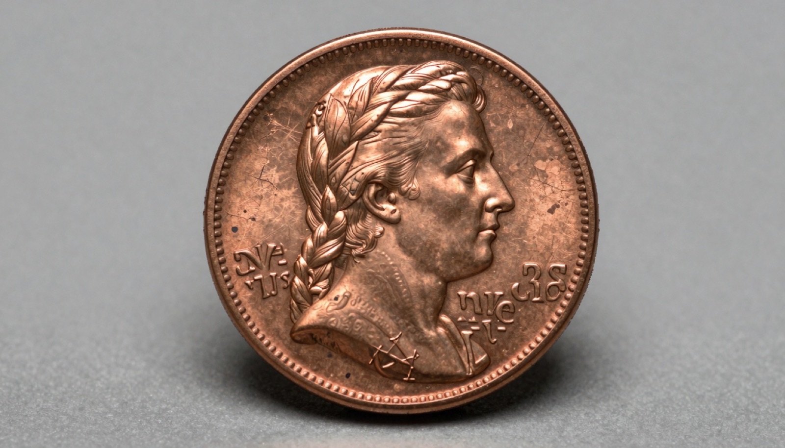 Close-up macro photograph of an 1840 braided hair large cent showing a peeling copper lamination flaw on the obverse