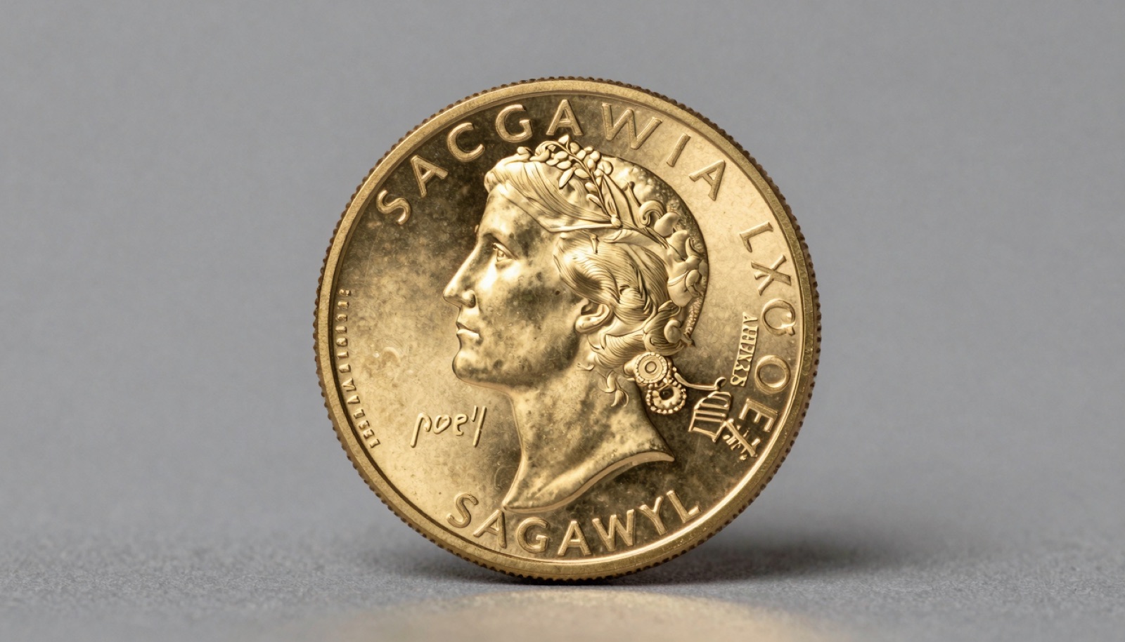 Golden Sacagawea dollar coin showpiece on neutral studio surface showing detailed obverse portrait and reverse eagle
