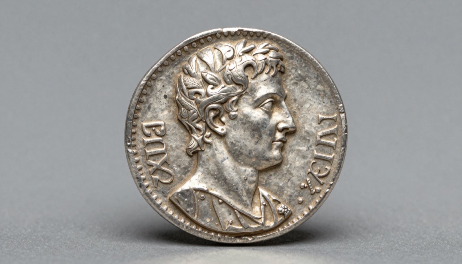 Ancient Roman silver denarius coin showing emperor portrait and reverse deity on neutral studio surface macro detail