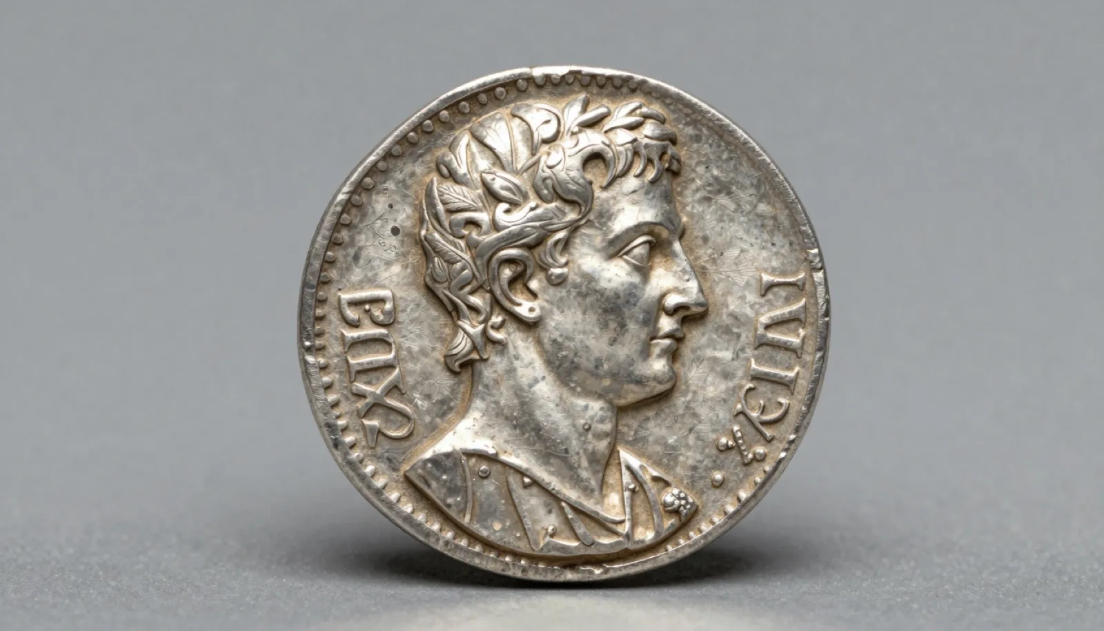 Ancient Roman silver denarius coin showing emperor portrait and reverse deity on neutral studio surface macro detail