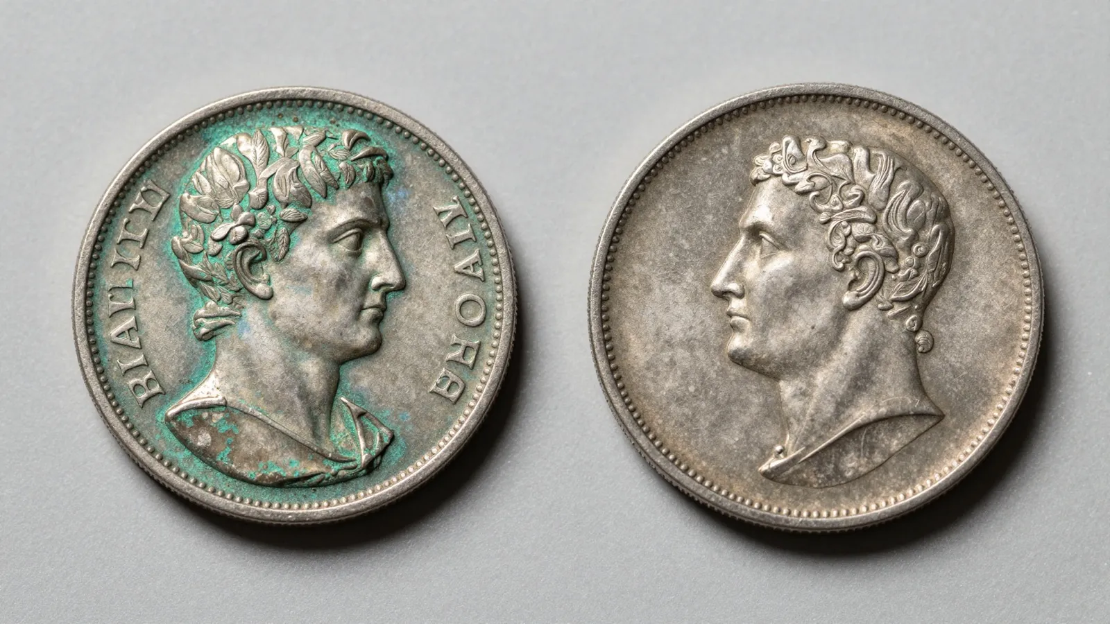 Ancient Roman bronze coin and medieval hammered silver penny side by side on a neutral studio surface