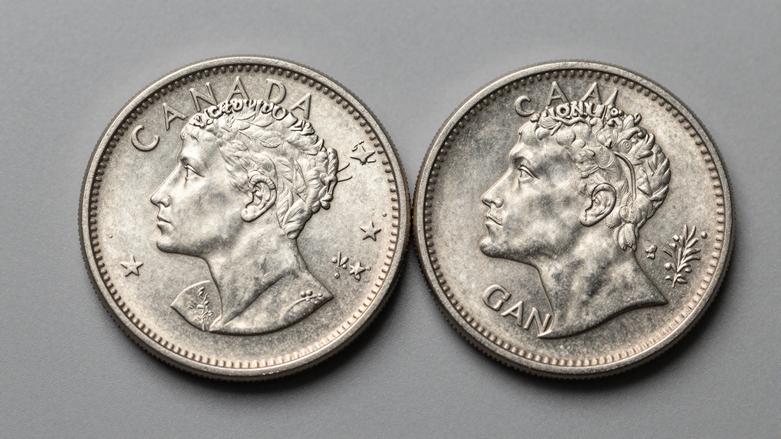 Unstruck Canadian caribou quarter blank planchet shown beside a normal struck 25-cent coin on studio surface