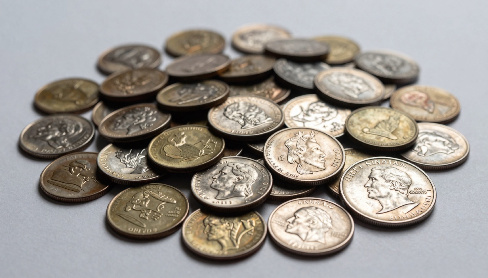Close-up of mixed circulated US coins with one bright silver dime sorted aside on a neutral studio surface