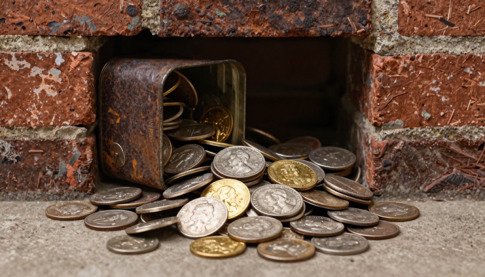 Antique silver dollars and gold coins spilling from a rusted tin found inside an old brick chimney cavity