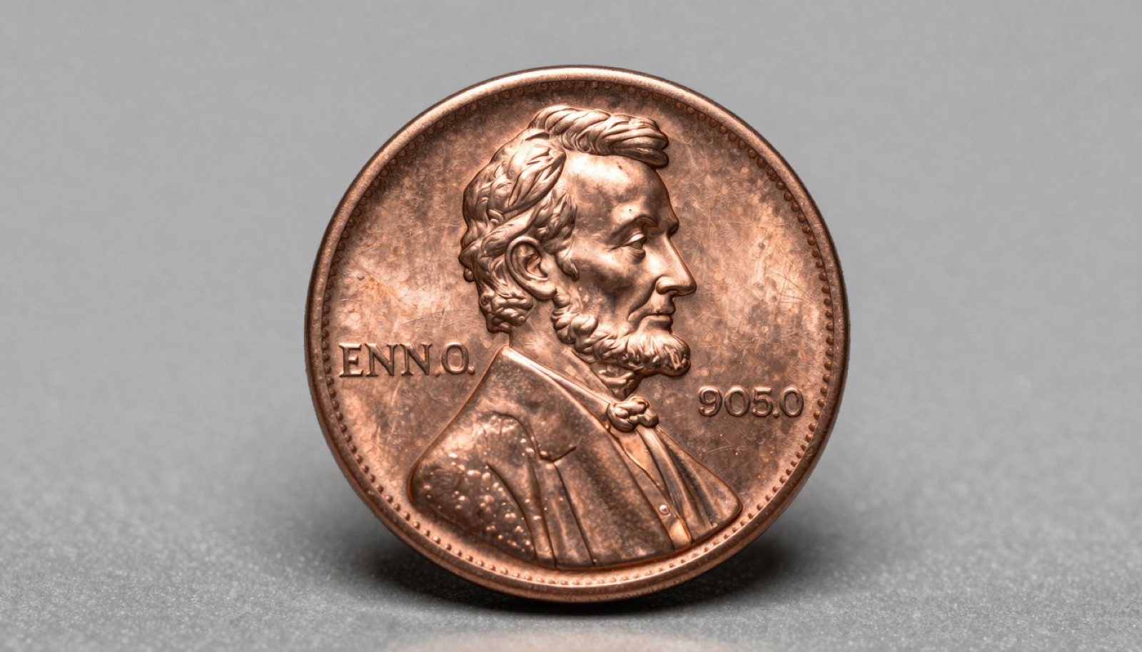 Close-up macro photograph of a Lincoln wheat cent on a neutral gray studio surface under soft light