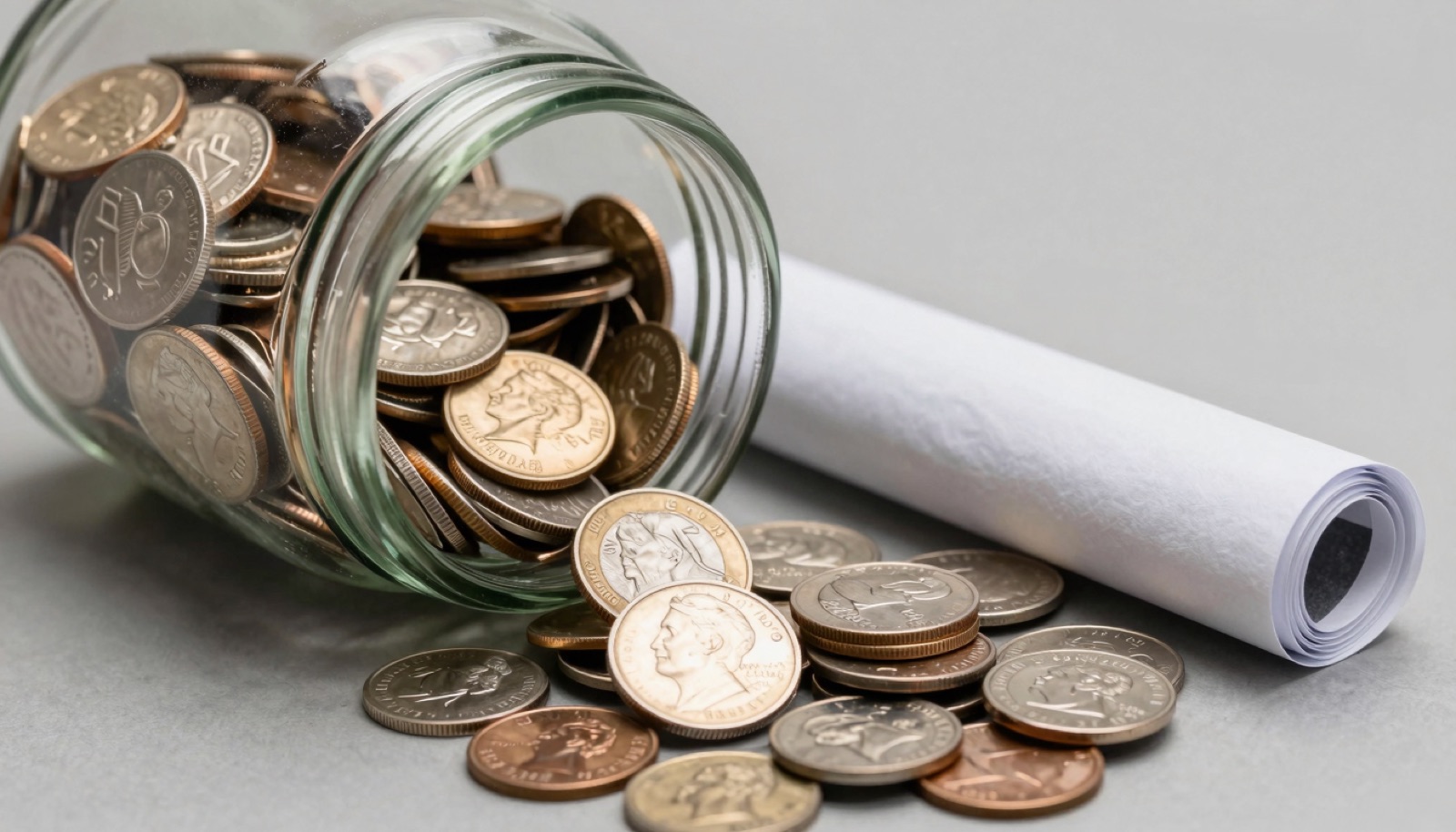 Large glass jug filled with assorted US coins beside neatly stacked rolled cent wrappers on a wooden table