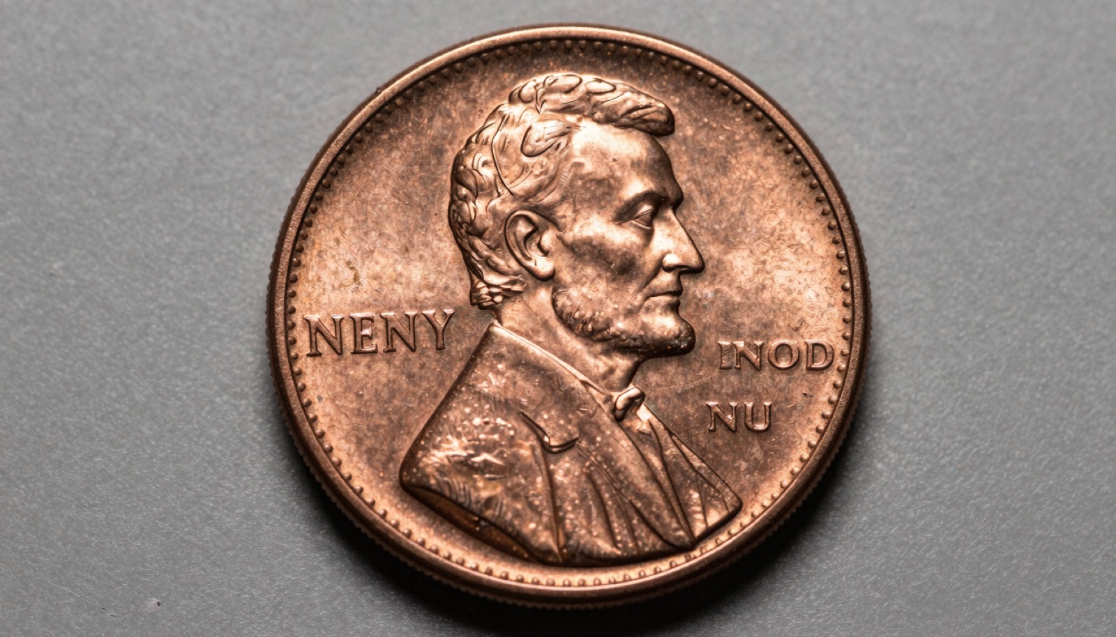 Macro photograph of a Lincoln cent mint mark showing a repunched secondary letter outline under raking studio light