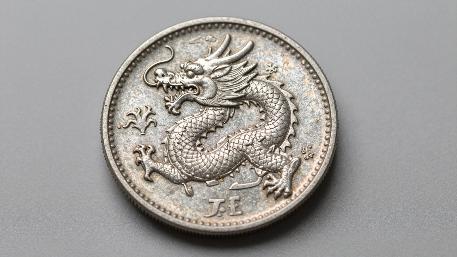 Meiji-era Japanese silver dragon yen coin on a neutral studio surface showing detailed dragon obverse and kanji date