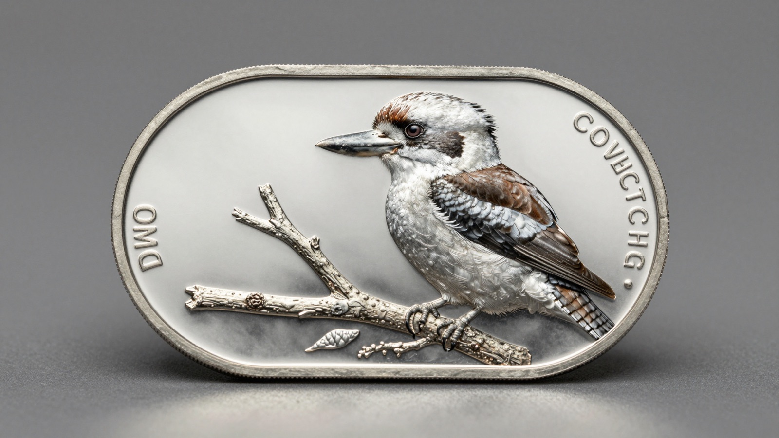 Australian Silver Kookaburra one ounce coin reverse showing perched kookaburra struck by the Perth Mint in studio light