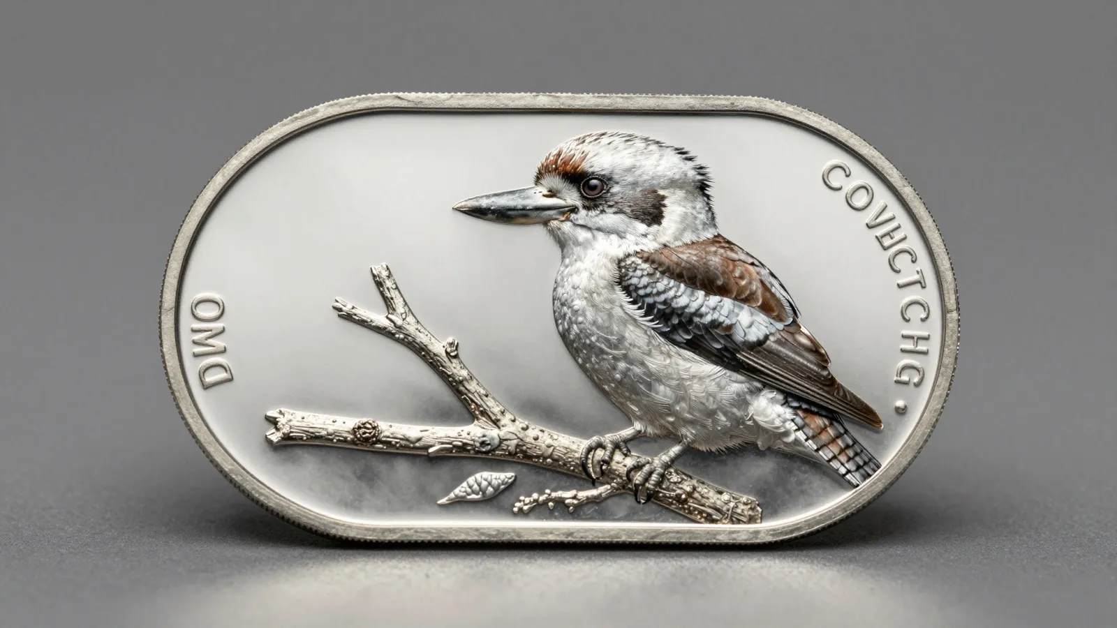 Australian Silver Kookaburra one ounce coin reverse showing perched kookaburra struck by the Perth Mint in studio light