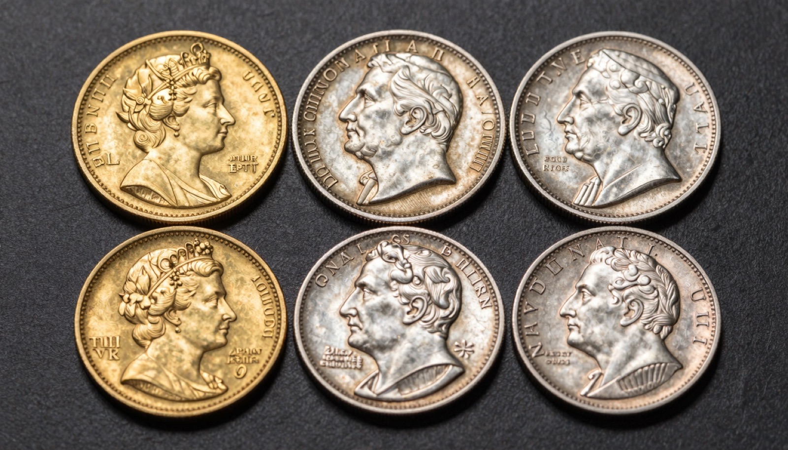 Array of valuable world coins including a British gold sovereign Mexican eight reales and ancient Greek silver tetradrachm on neutral studio surface