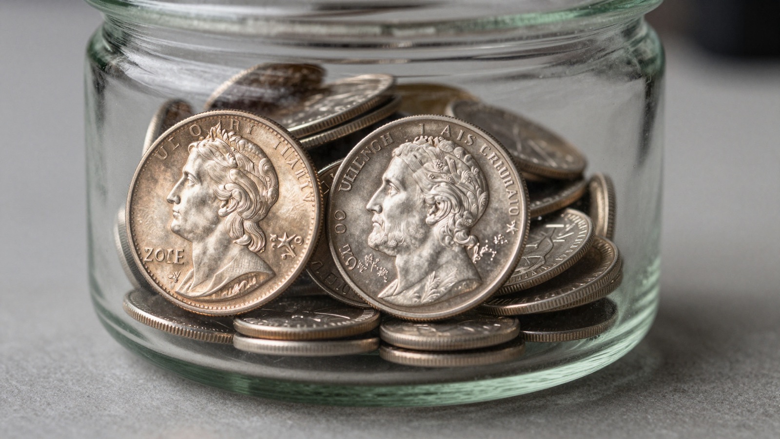 A valuable wheat cent and silver coin resting in a coffee shop tip jar on a counter
