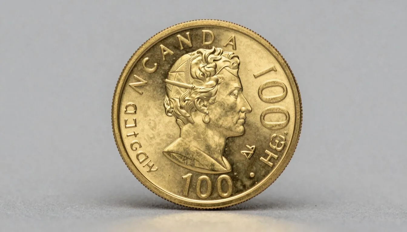 Canadian 100 dollar gold commemorative coin displayed on a neutral studio surface under professional numismatic lighting