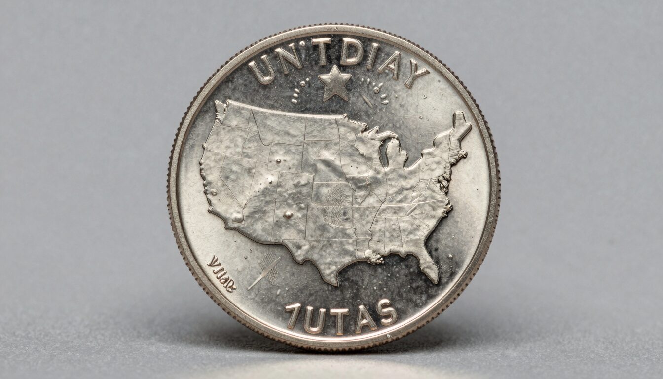 Close-up macro photograph of a rare United States state quarter showing mint error detail on neutral studio surface