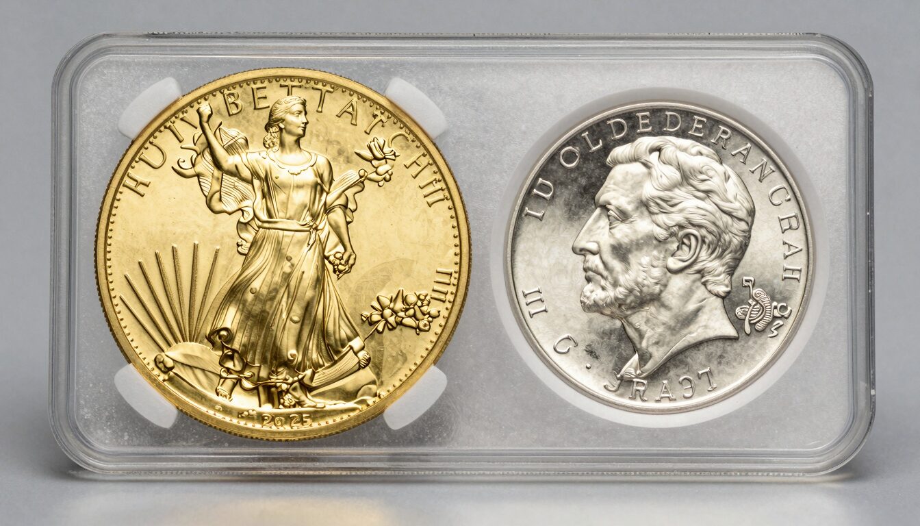 Gold bullion Eagle coin beside a graded numismatic silver dollar on a neutral studio surface