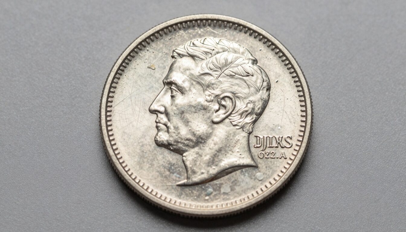Macro close-up of a silver coin showing tape residue and hairline scratches illustrating coin damage that destroys collector value