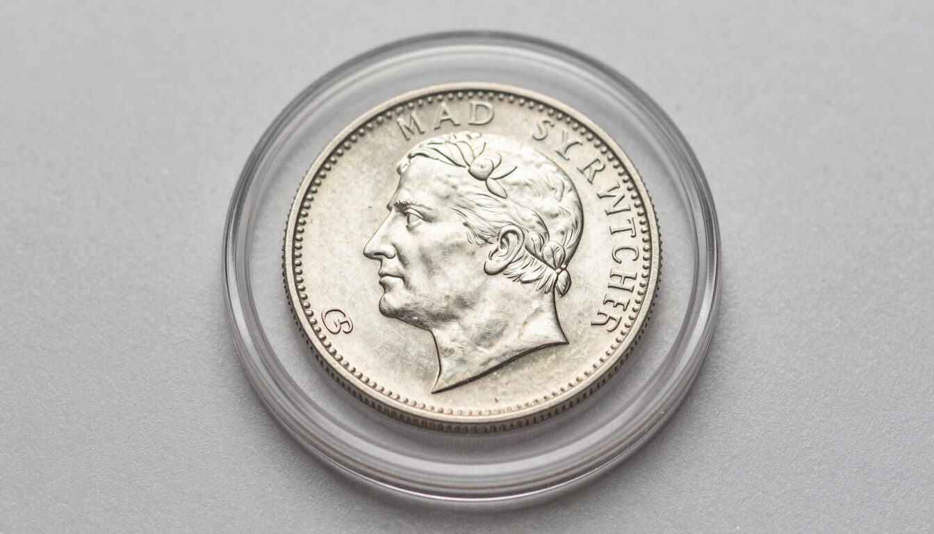 Rare silver coin displayed inside a clear protective capsule on a neutral studio surface showing proper storage
