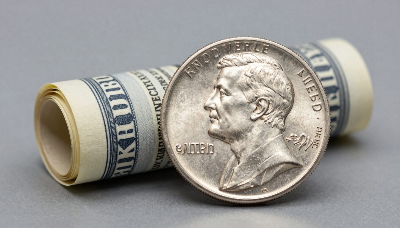 Stack of bank coin rolls and loose silver coins spread on a wooden teller counter