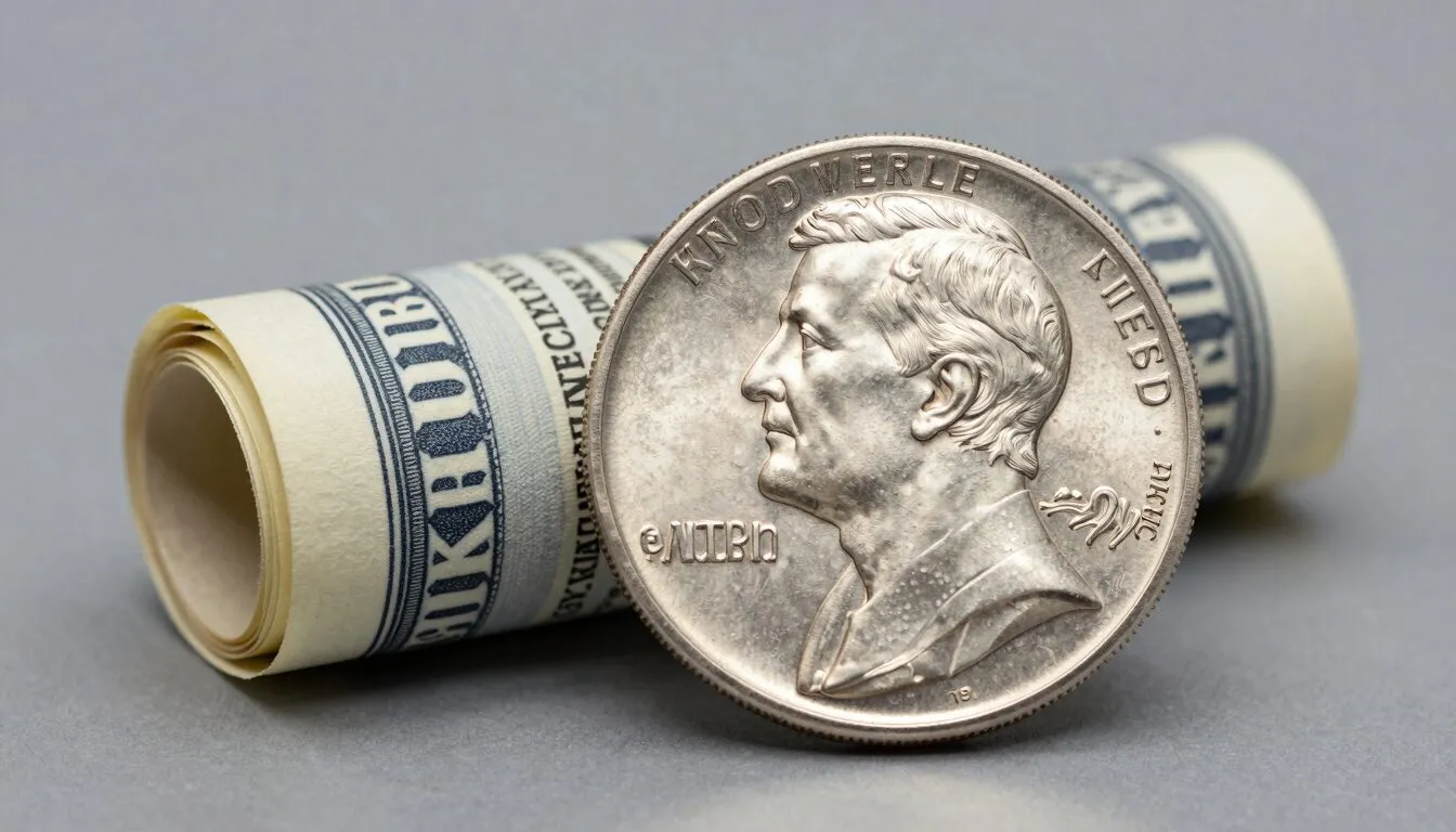 Stack of bank coin rolls and loose silver coins spread on a wooden teller counter