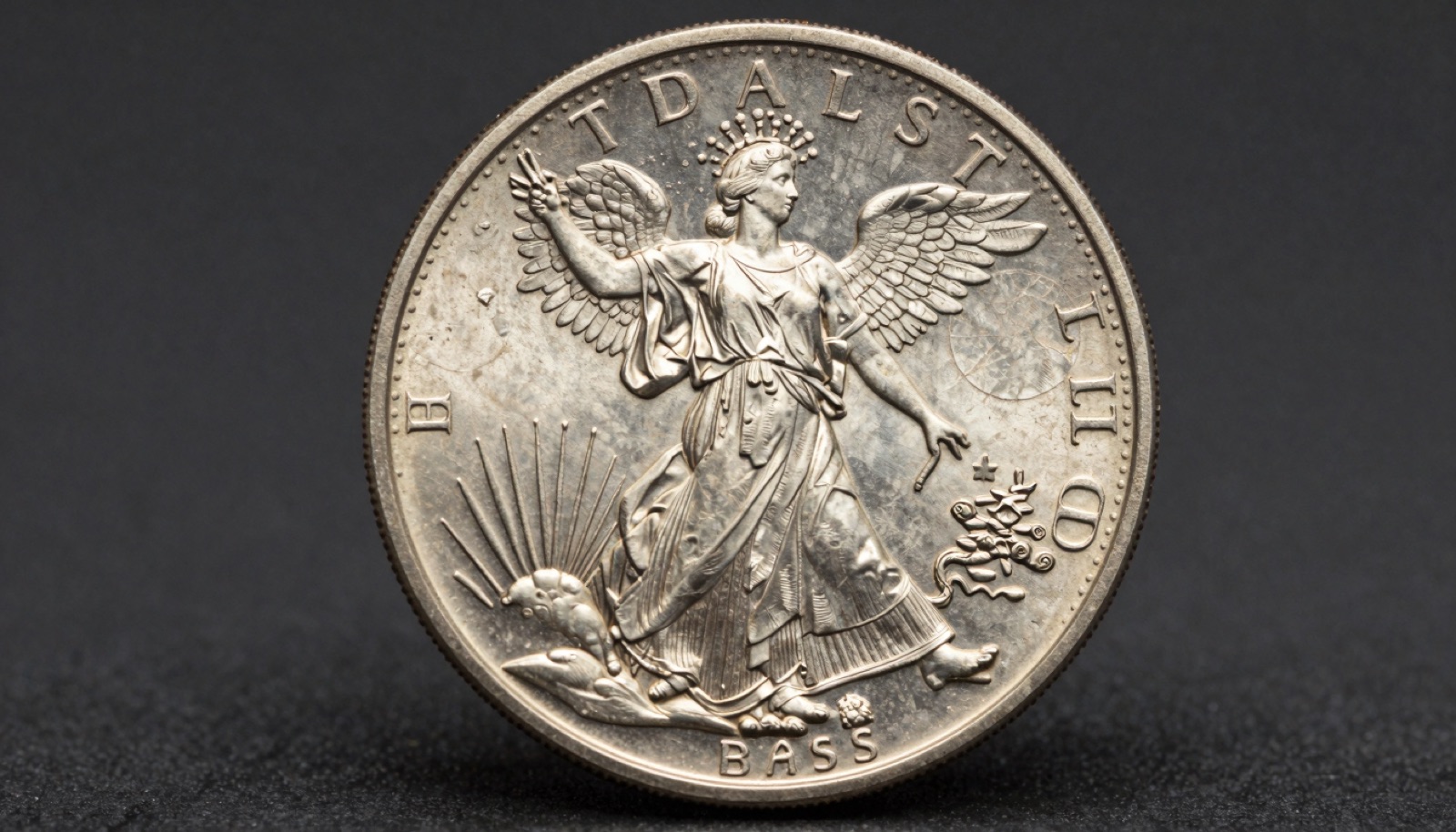 Genuine United States Trade Dollar reverse showing eagle and berry hub detail on dark studio surface