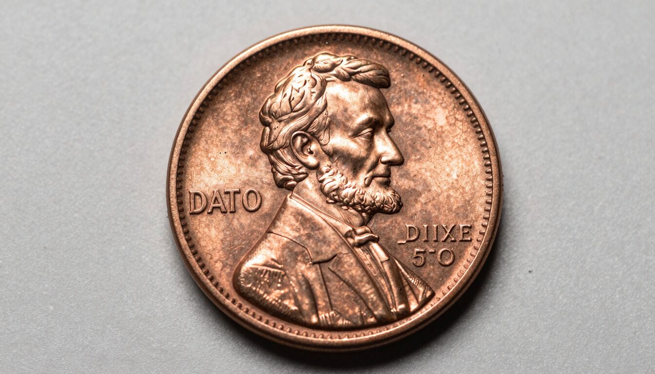 Close-up macro photograph of a rare Lincoln wheat cent showing date and mint mark under studio lighting
