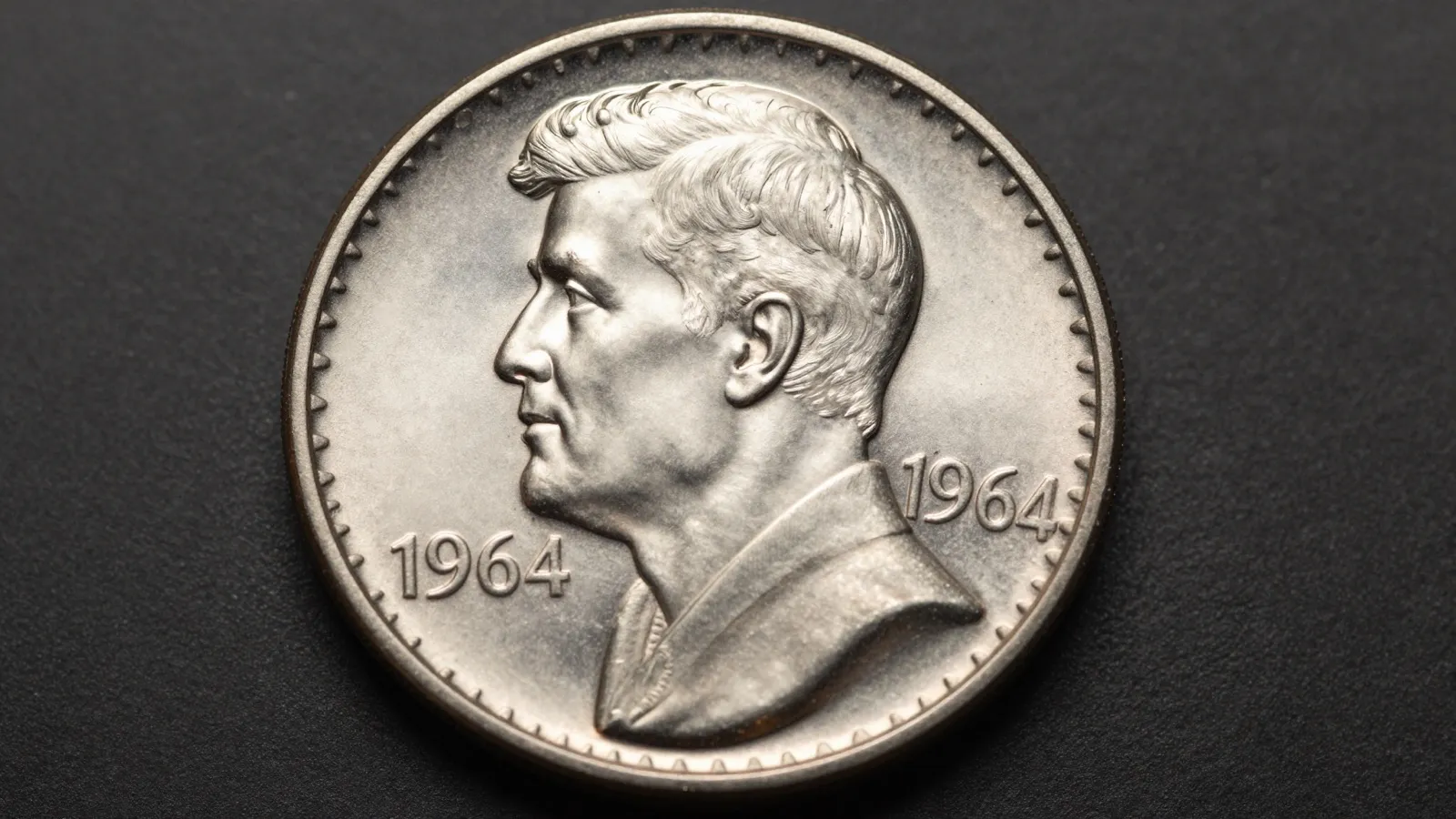 Rare 1964 SMS Kennedy half dollar with satin finish and squared rims shown in professional studio macro photography