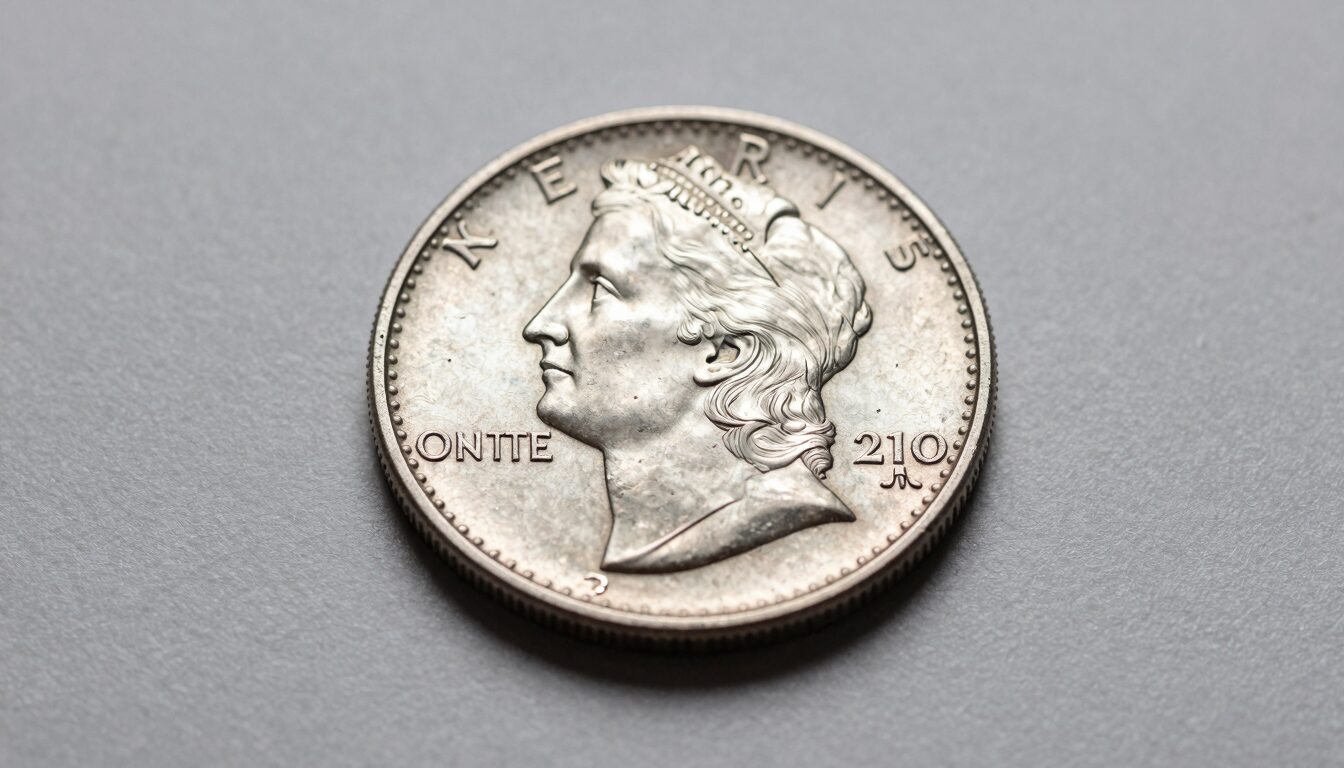 Grimy silver dime and wheat cents recovered from a car wash vacuum coin haul on a sorting cloth