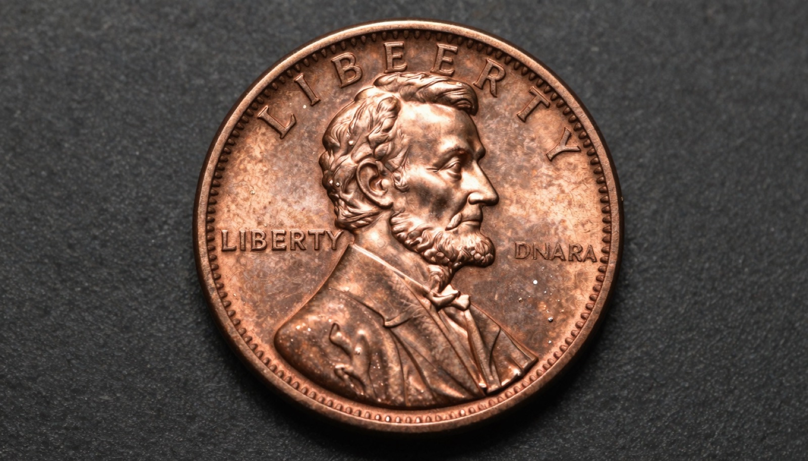 Close-up macro photograph of a misprint Lincoln cent showing doubled LIBERTY lettering under professional studio lighting
