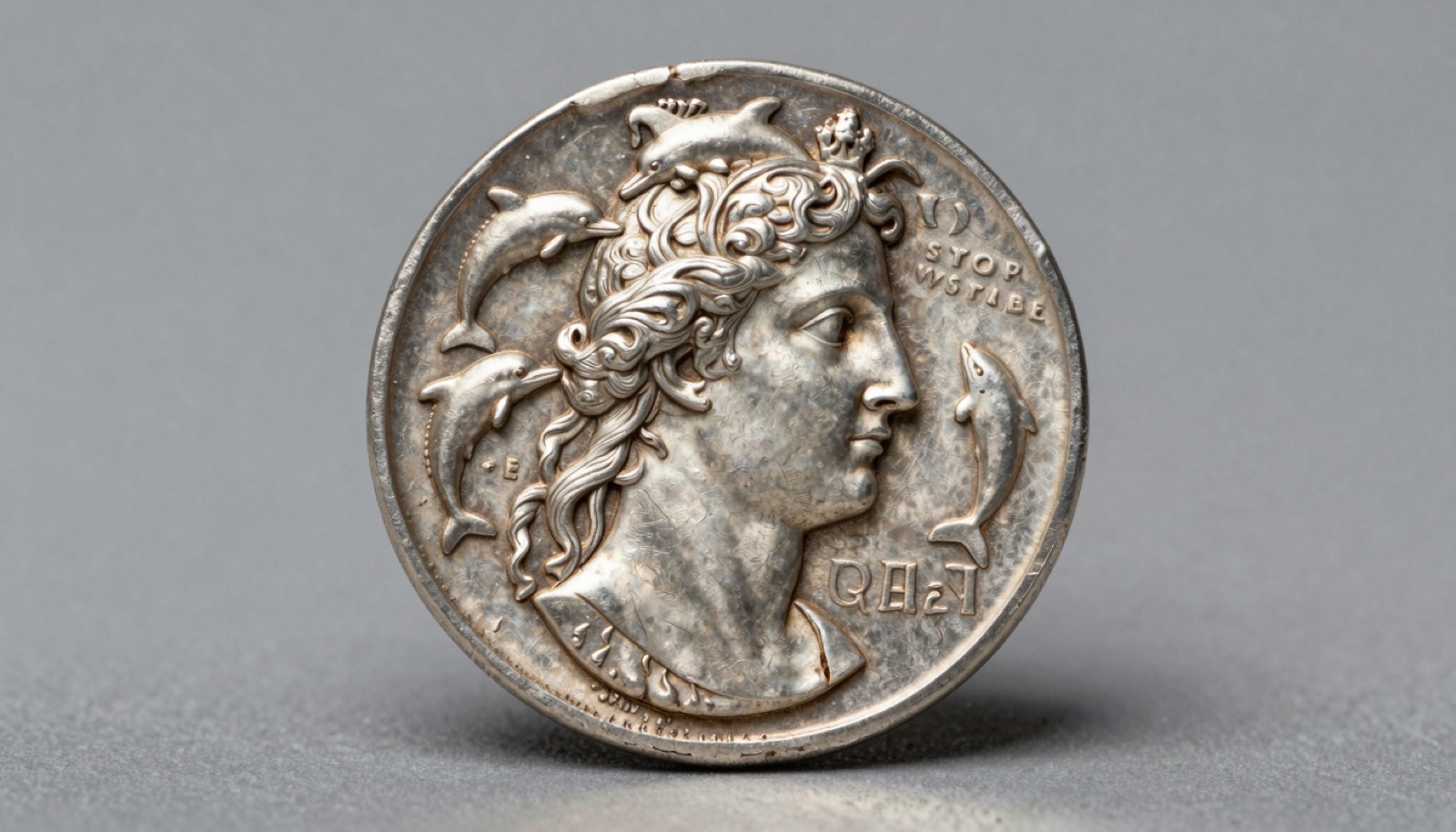 High-relief ancient Greek silver decadrachm of Syracuse showing Arethusa and a racing quadriga in studio light