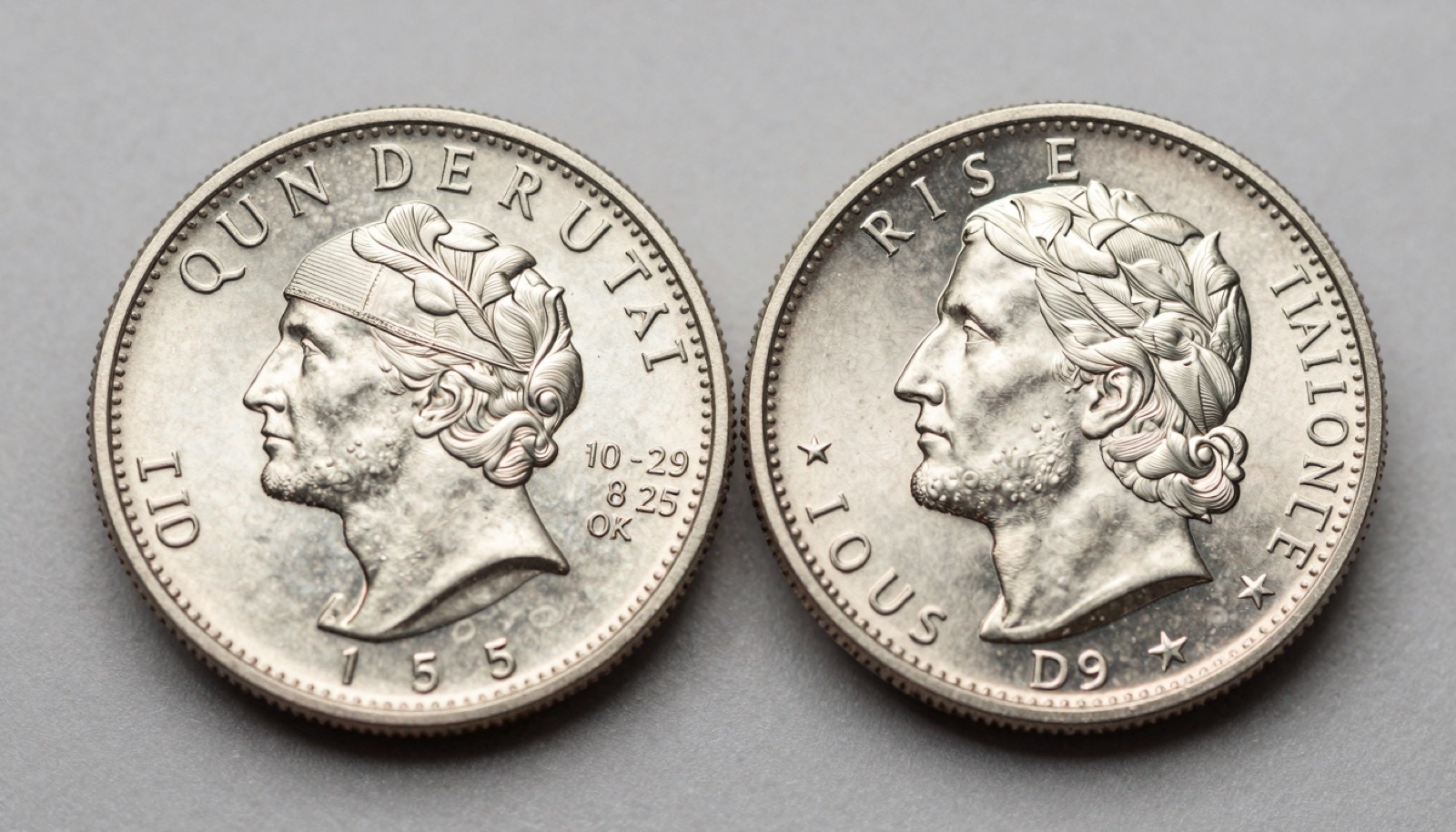 Silver world coin and certified US coin displayed side by side on neutral studio numismatic photography surface