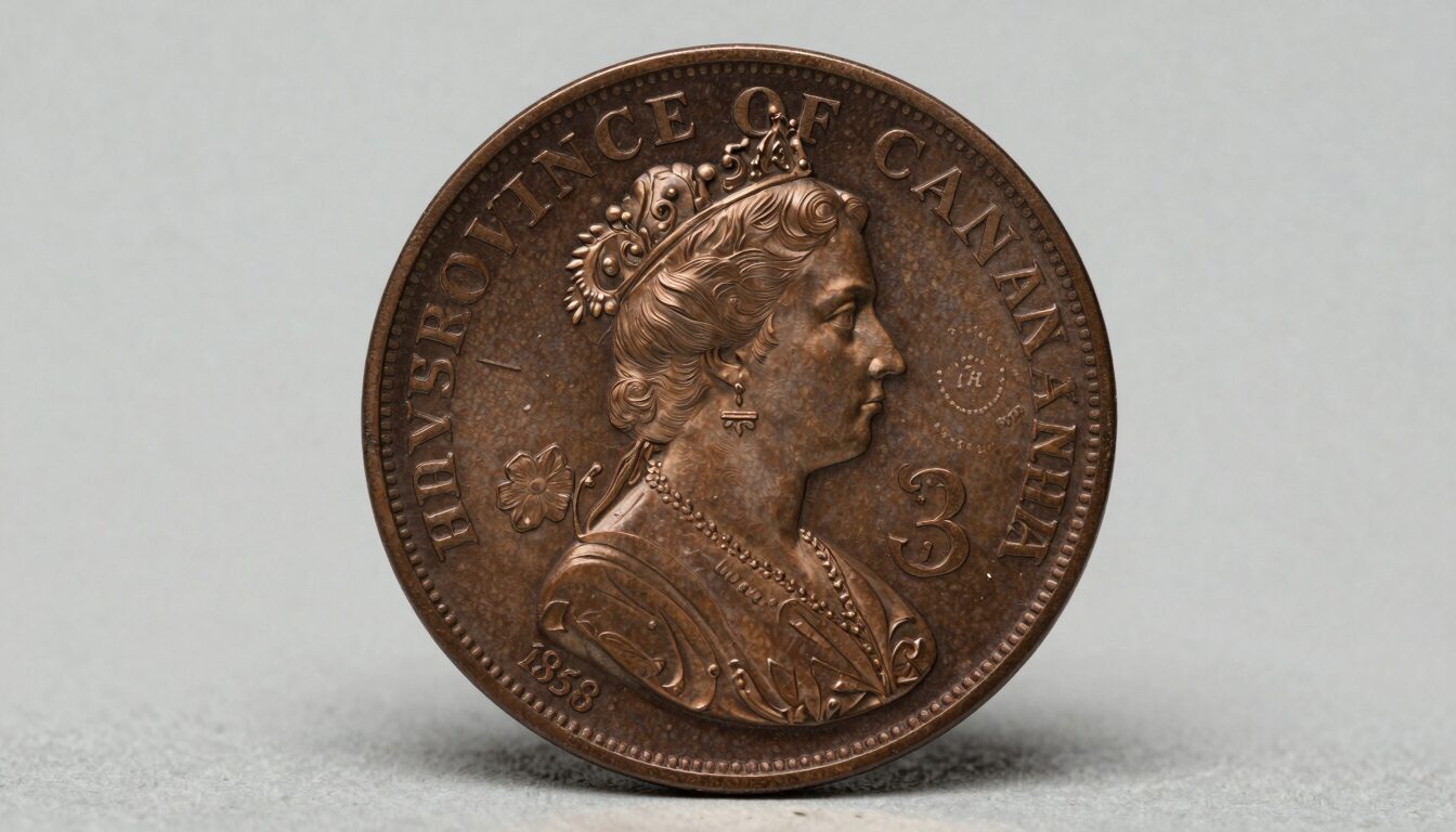Antique pre-Confederation Canadian provincial coins arranged on neutral studio surface showing Victoria bust and colonial reverse designs