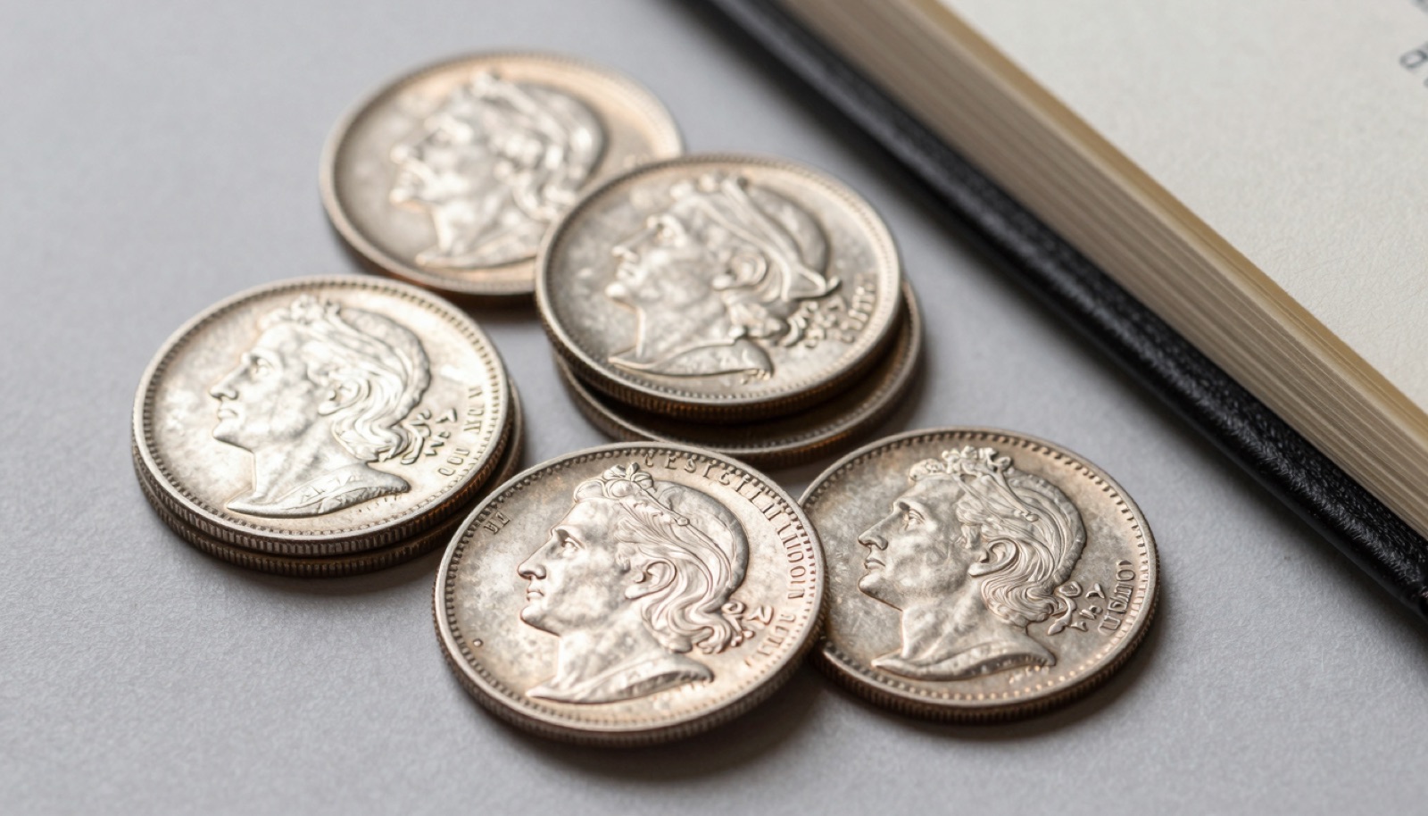 Vintage US silver dollars and wheat cents spilling from an old coin album on a table