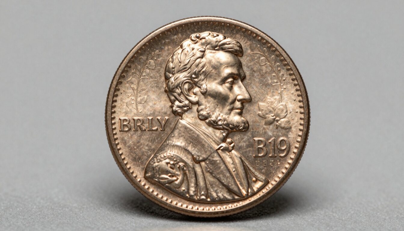 Macro photograph of a Lincoln wheat cent beside an iPhone showing a coin identification app result on screen