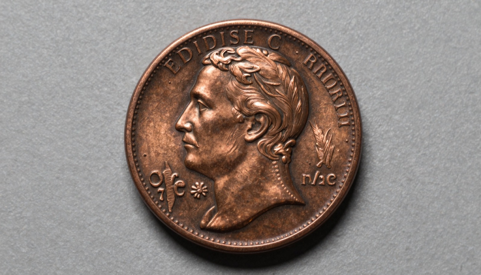 Close-up of an 80-year-old copper wheat cent showing rich original brown patina under studio light