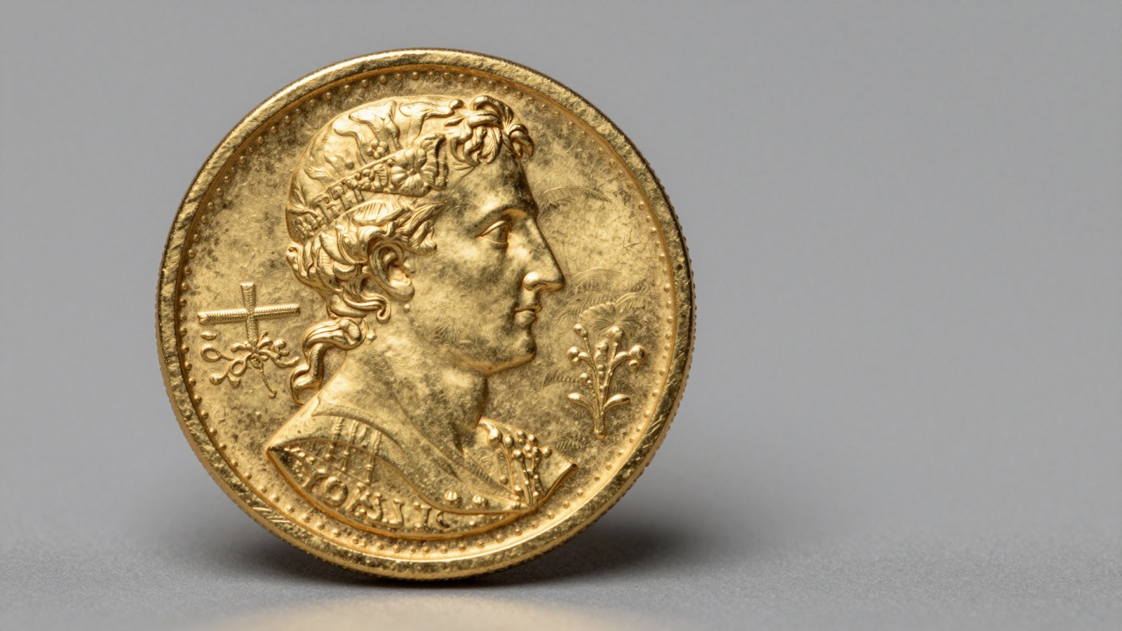 Byzantine gold solidus of Justinian I showing frontal imperial bust and reverse cross for photo identification