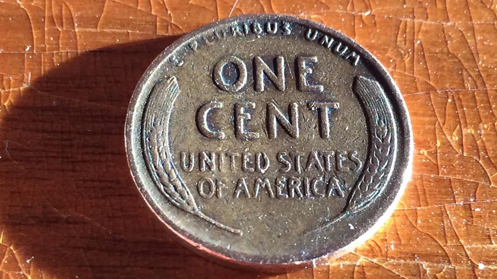 Reverse of a Lincoln wheat cent showing ONE CENT between two wheat ears, lit from the side on a wooden table